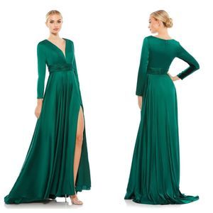 Mac Duggal Emerald Green Long Sleeve Maxi Dress with Thigh Slit